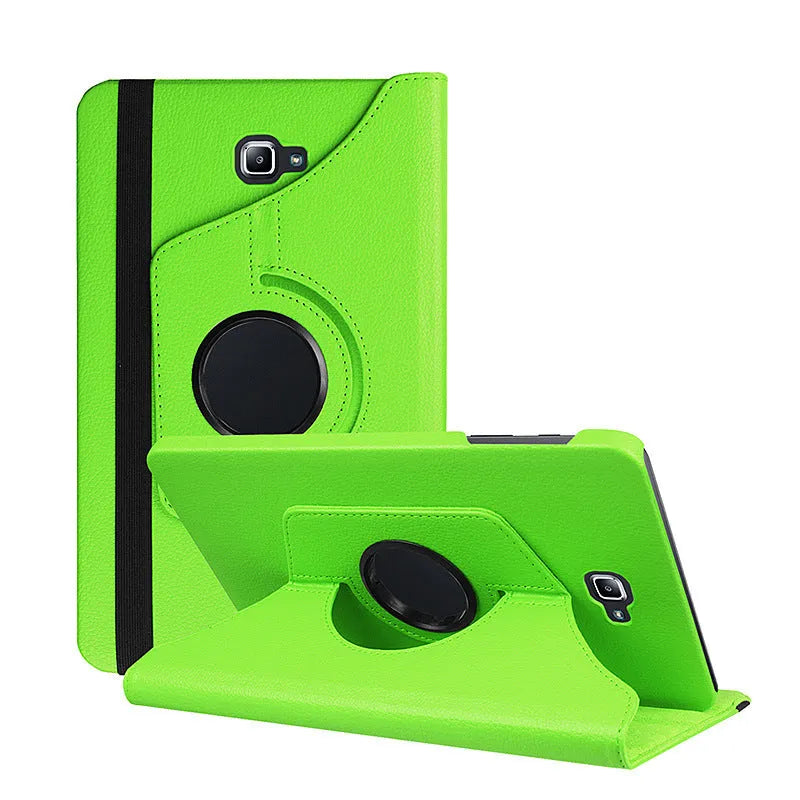 Tablet leather case with rotating stand in clamshell design showing ten colour options