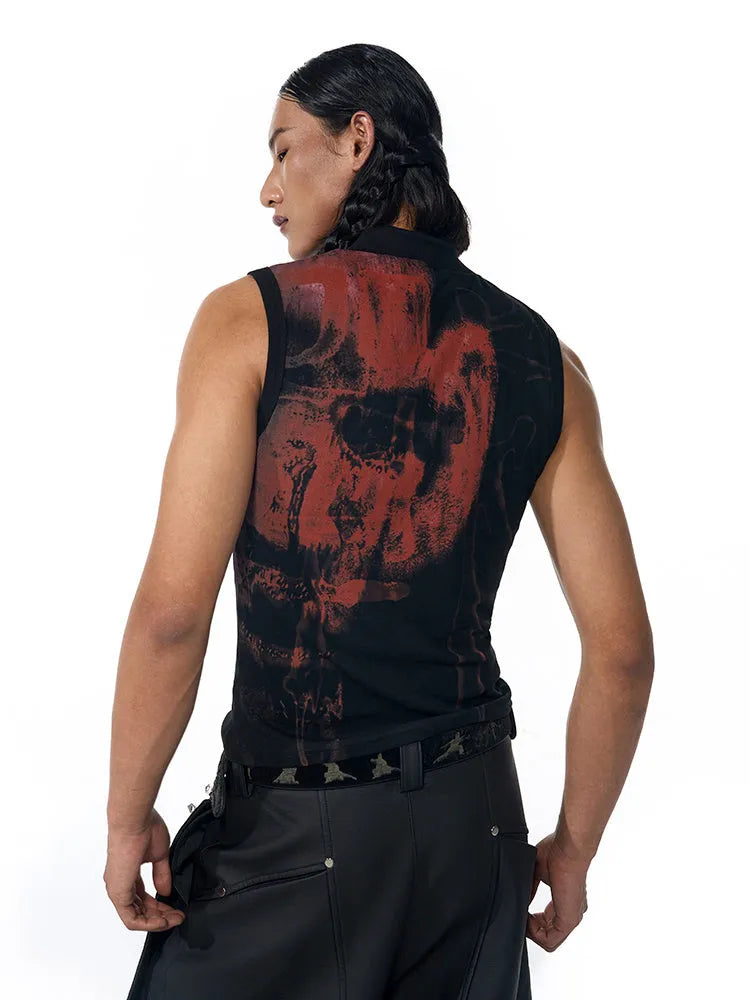 Black half turtleneck sleeveless t-shirt with character print and slim Korean style fit