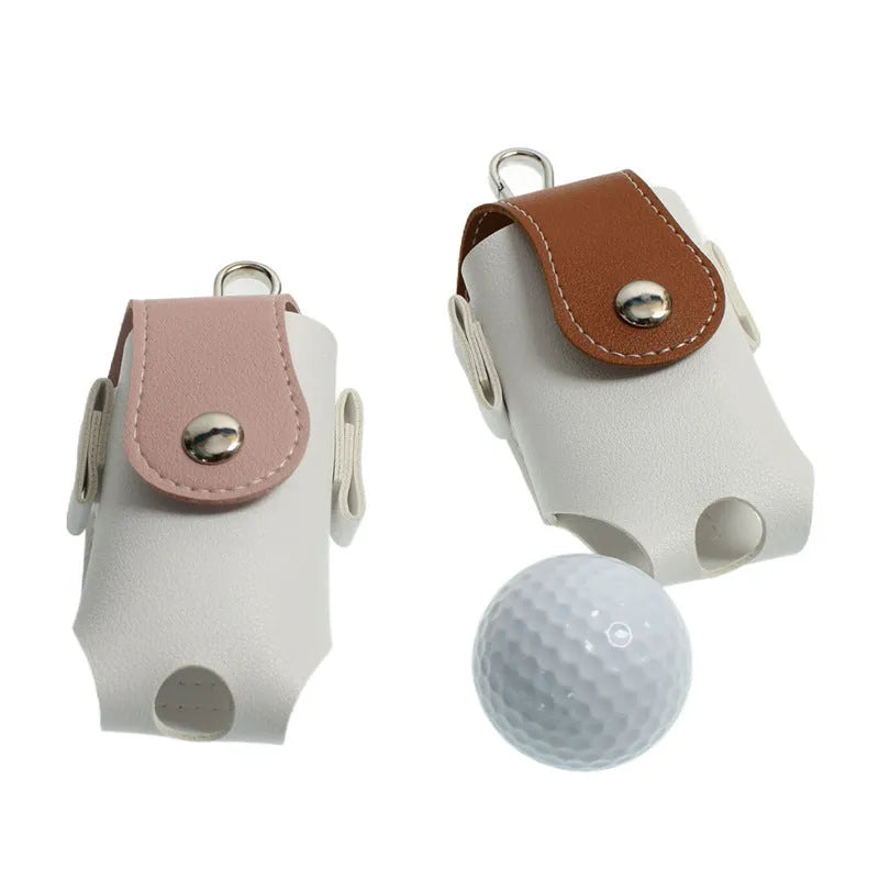 Mini PU golf ball bag in blue, brown, gray, and pink, 9.5 cm length, on white background