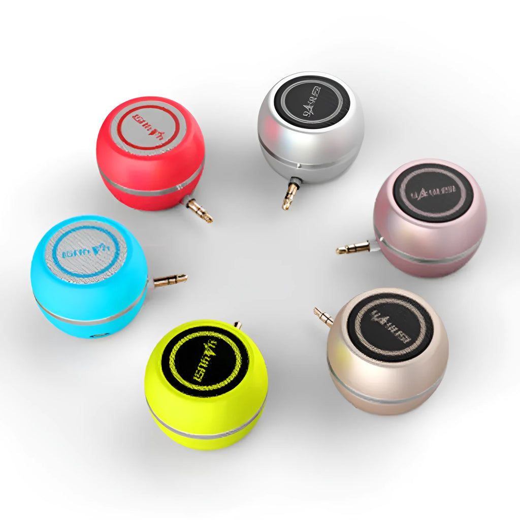 A5 Portable Mini Speaker with 3.5 audio plug, 3W output, ABS case, 46x46x33mm, available in multiple colours.
