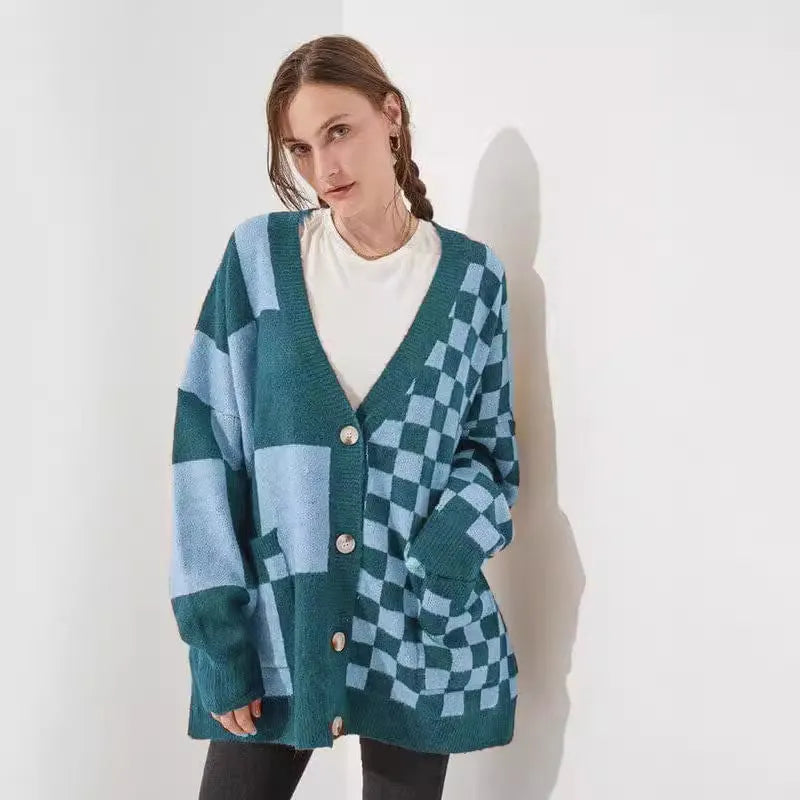 Women's loose fit printed checks pattern knitwear cardigan in polyester-spandex fabric