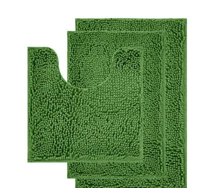 Dark green chenille three-piece U-shaped toilet mat set with non-slip TPR backing on bathroom floor.