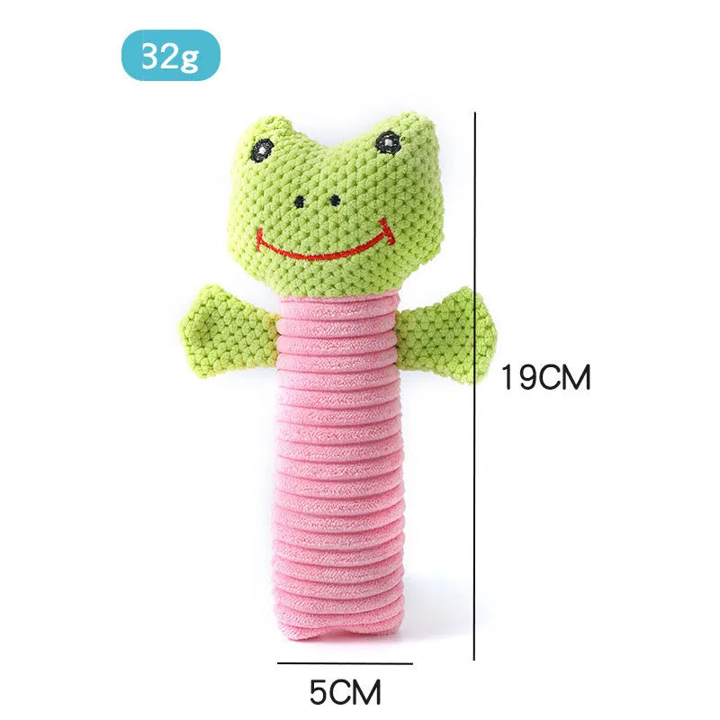 Squeaky stuffed animal dog chew toys in calf, frog and puppy designs measuring 19cm