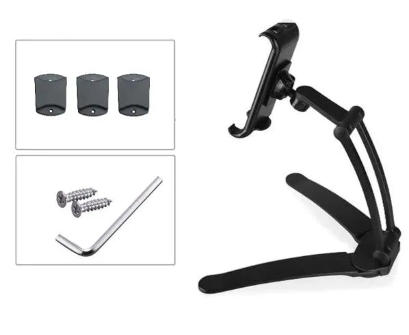 Silver aluminum alloy desktop stand holding a tablet at an angle, showing its adjustable clip and 360-degree rotation base.