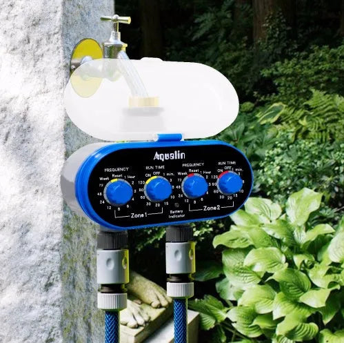 Dual timed irrigation controller automatic watering device with battery power for garden hose