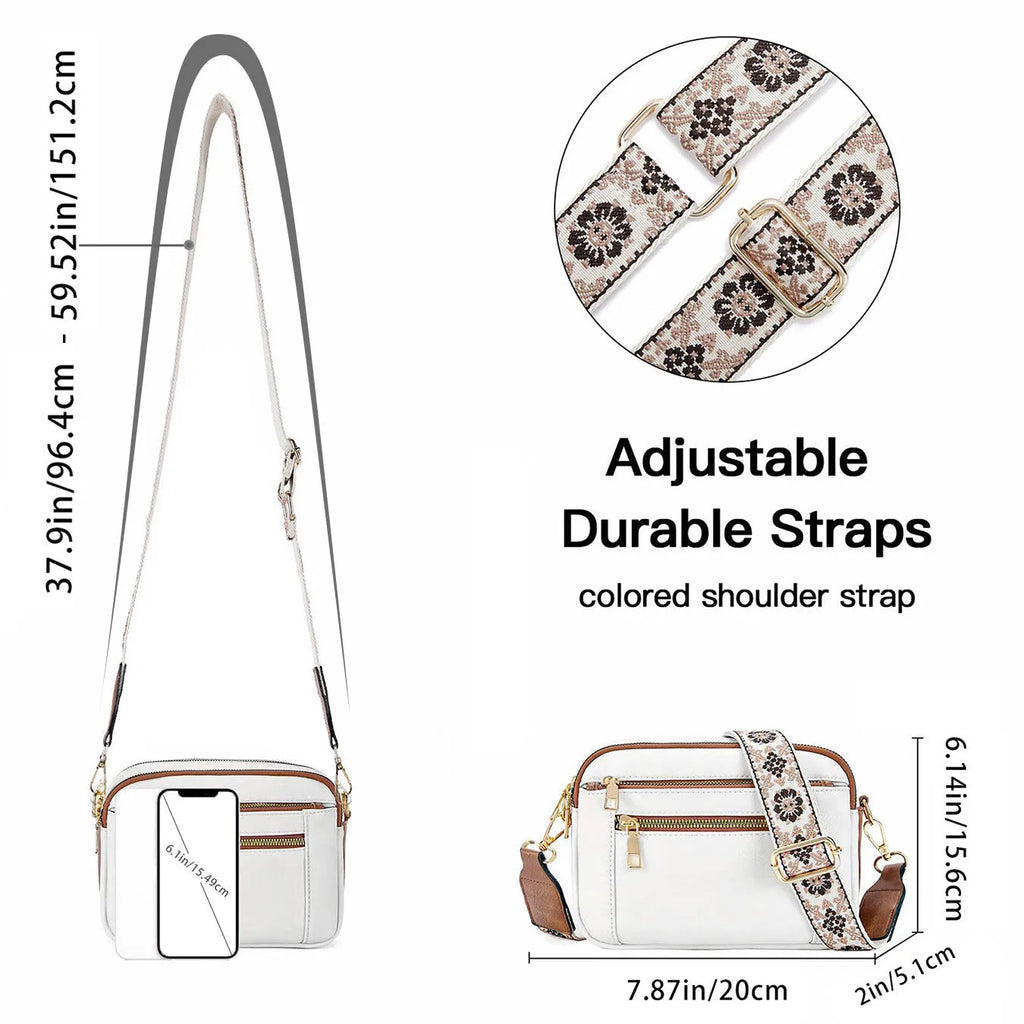 Triple-zipper shoulder bag with floral embroidered straps in colourblock finish for women