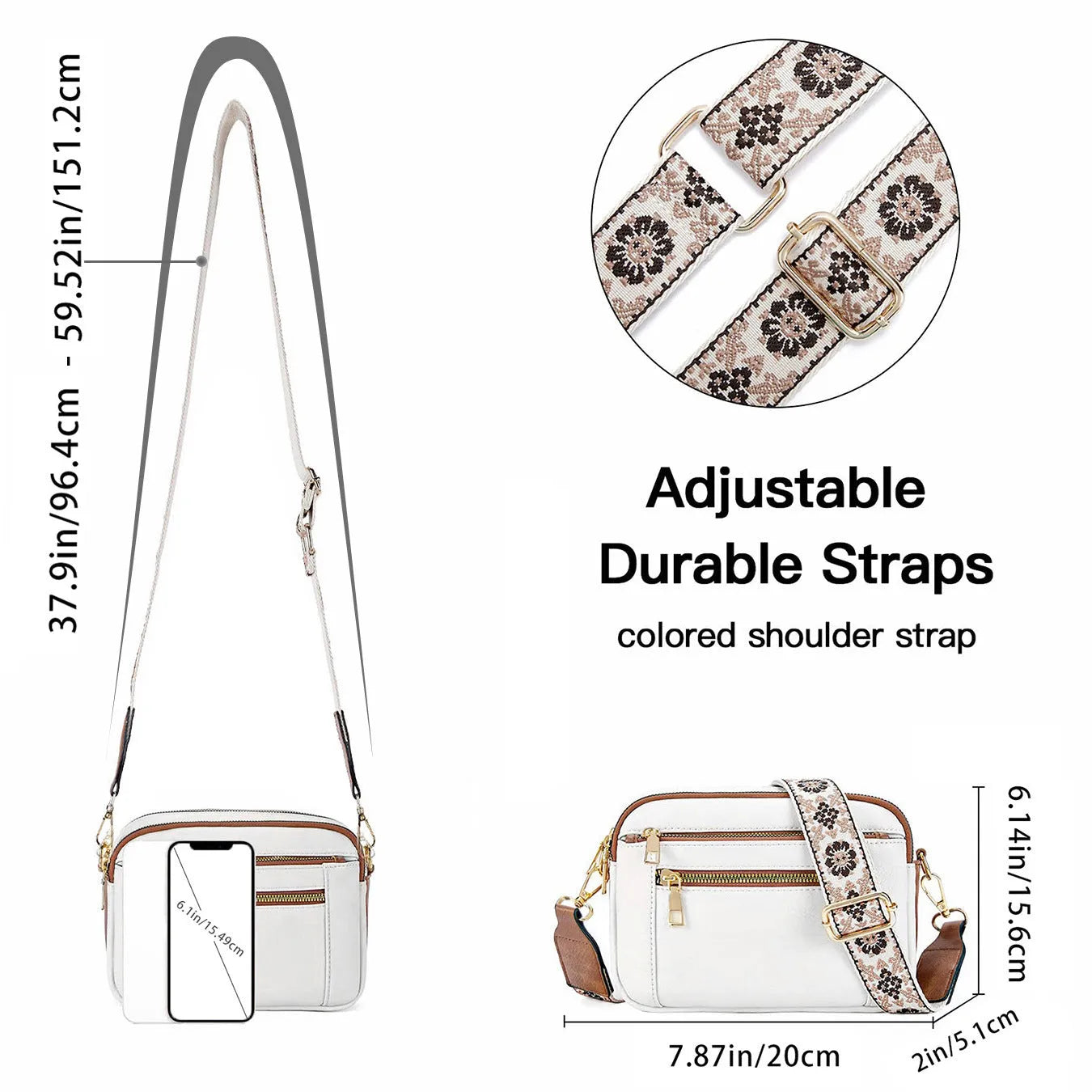 Triple-zipper shoulder bag with floral embroidered straps in colourblock finish for women