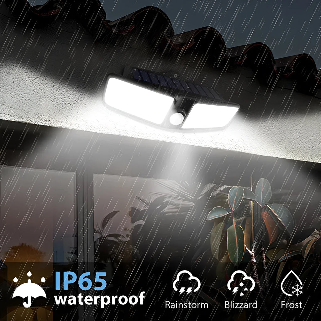 Outdoor solar wall lamp with 100 LEDs, IP65 waterproof, black housing mounted on brick wall