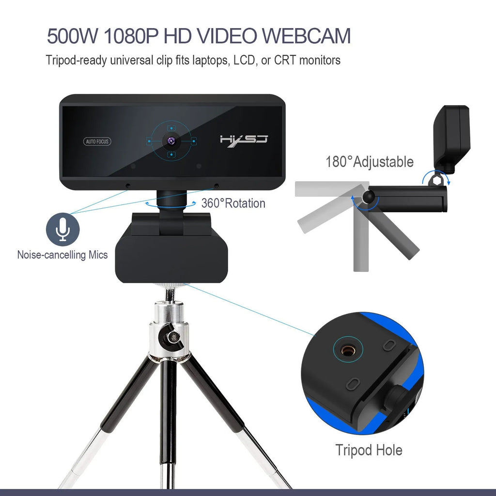 Black USB 2.0 desktop video camera with 5MP CMOS sensor, autofocus, 2592x1944 resolution, and 1.7m cable
