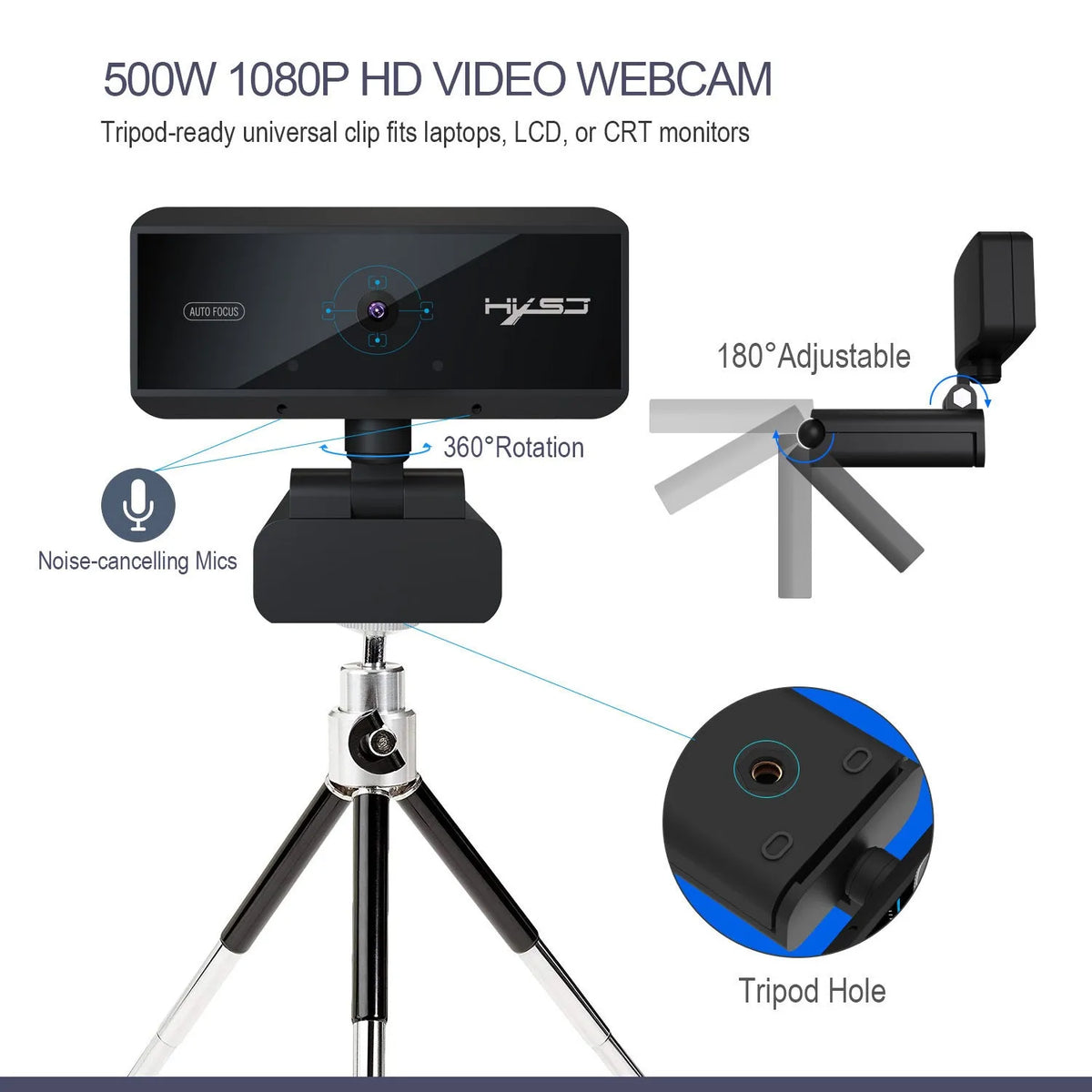 Black USB 2.0 desktop video camera with 5MP CMOS sensor, autofocus, 2592x1944 resolution, and 1.7m cable