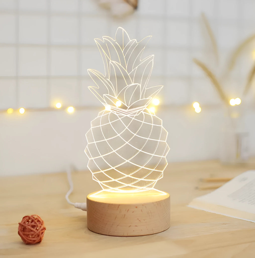 Cartoon pineapple bedside table lamp with wood and acrylic construction and USB power cable
