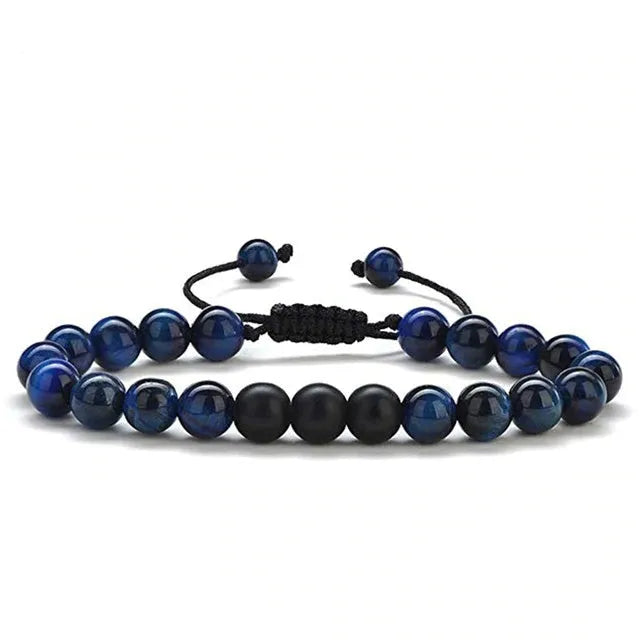 Matte black agate couple bracelets with geometric beads in individually packaged presentation