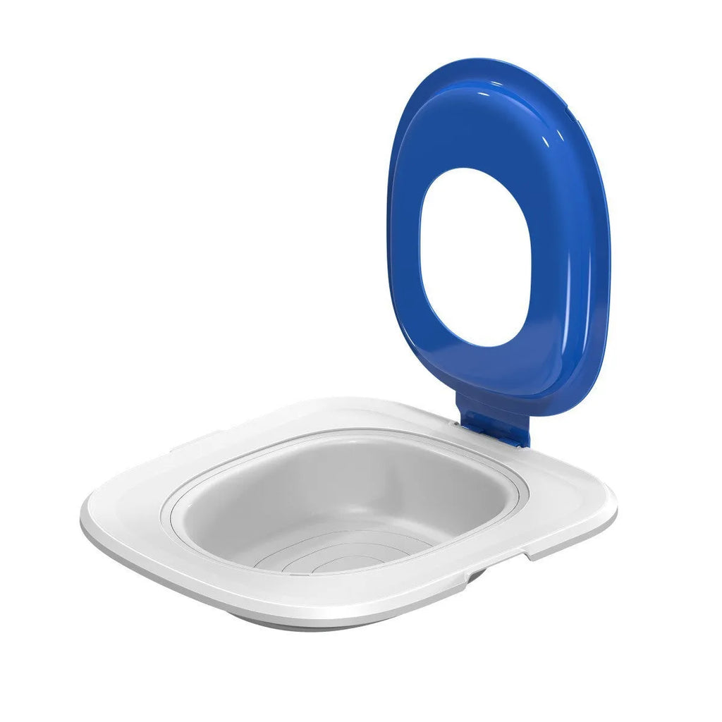 Fifth generation blue cat toilet trainer mat with contoured shape and raised waste guard rim.