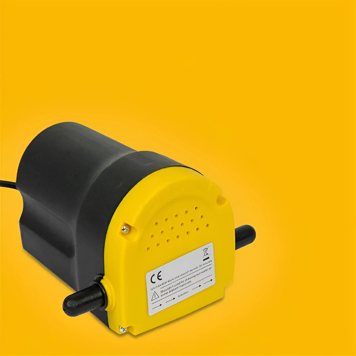 Yellow electric oil pump with cast aluminium body and 1.2m inlet pipe on a workshop bench
