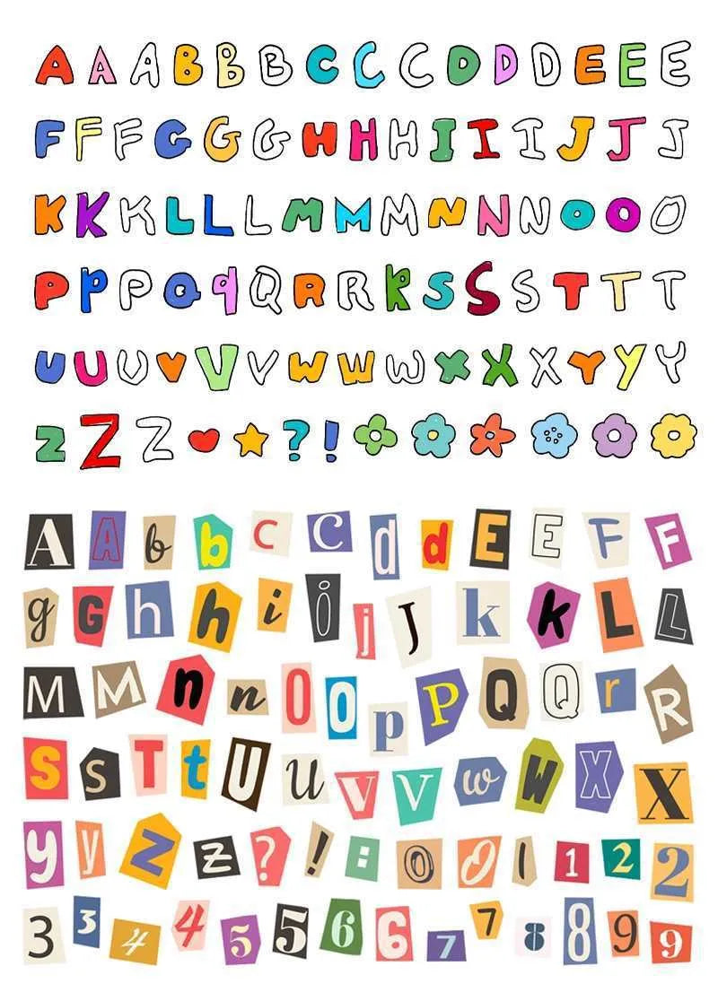 A set of cute-style decoration stickers showing printed English letters and weekly words like Monday, Tuesday.