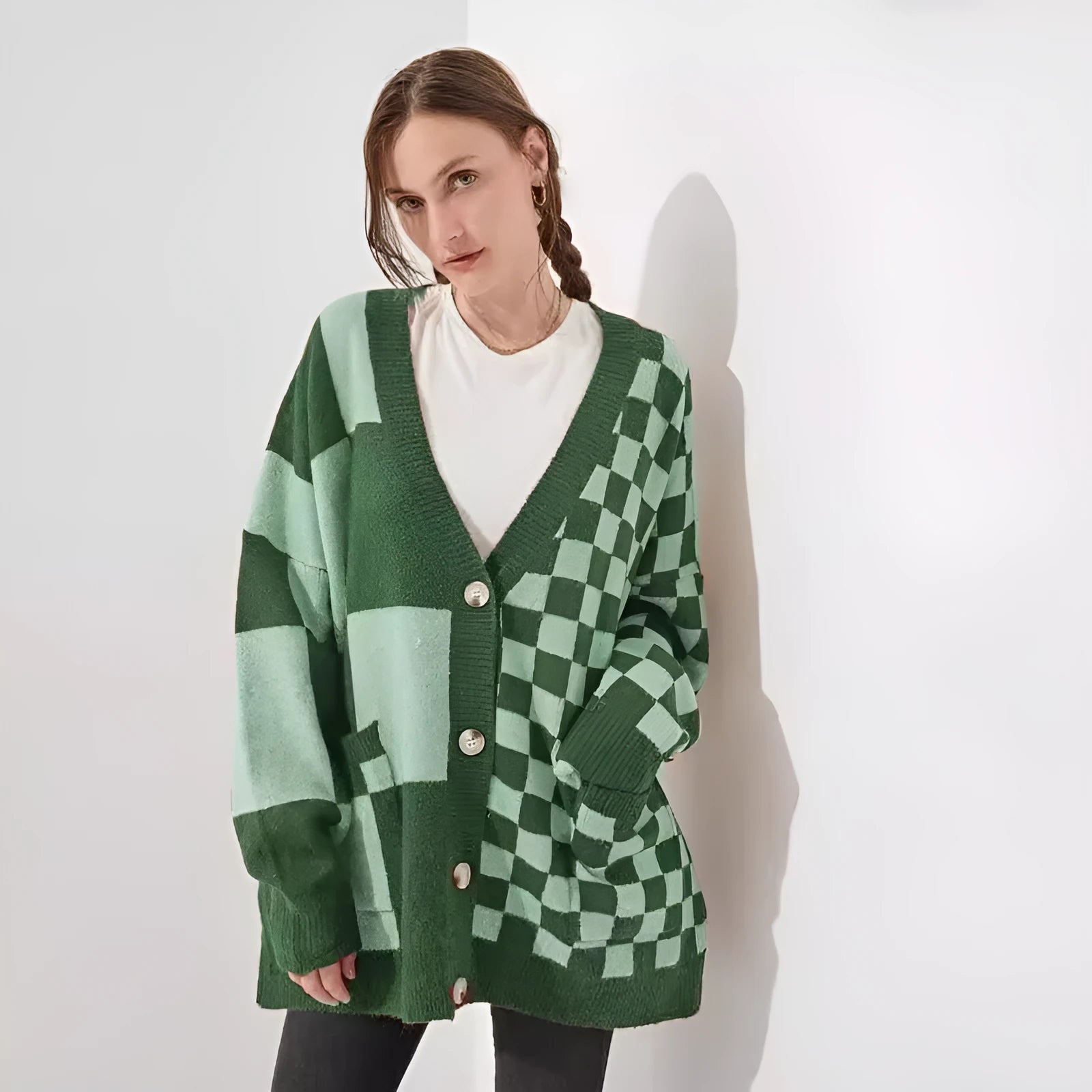 Women's loose fit printed checks pattern knitwear cardigan in polyester-spandex fabric