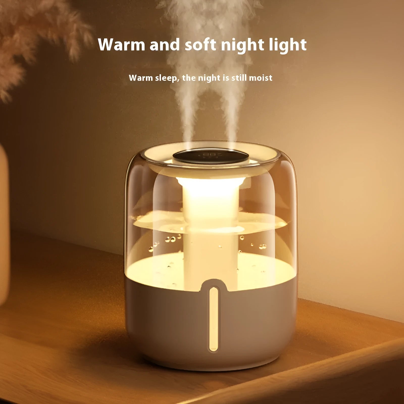 Beige round humidifier with dual spray nozzles, humidity display, and USB power cable