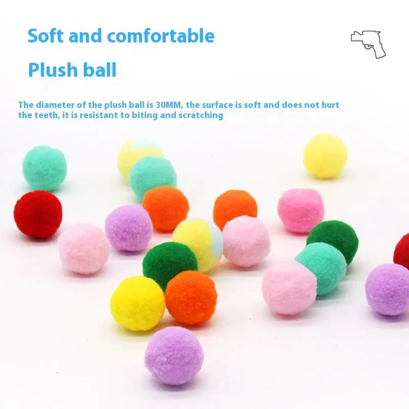 Pet toy launcher gun with soft plush balls for fetch games.