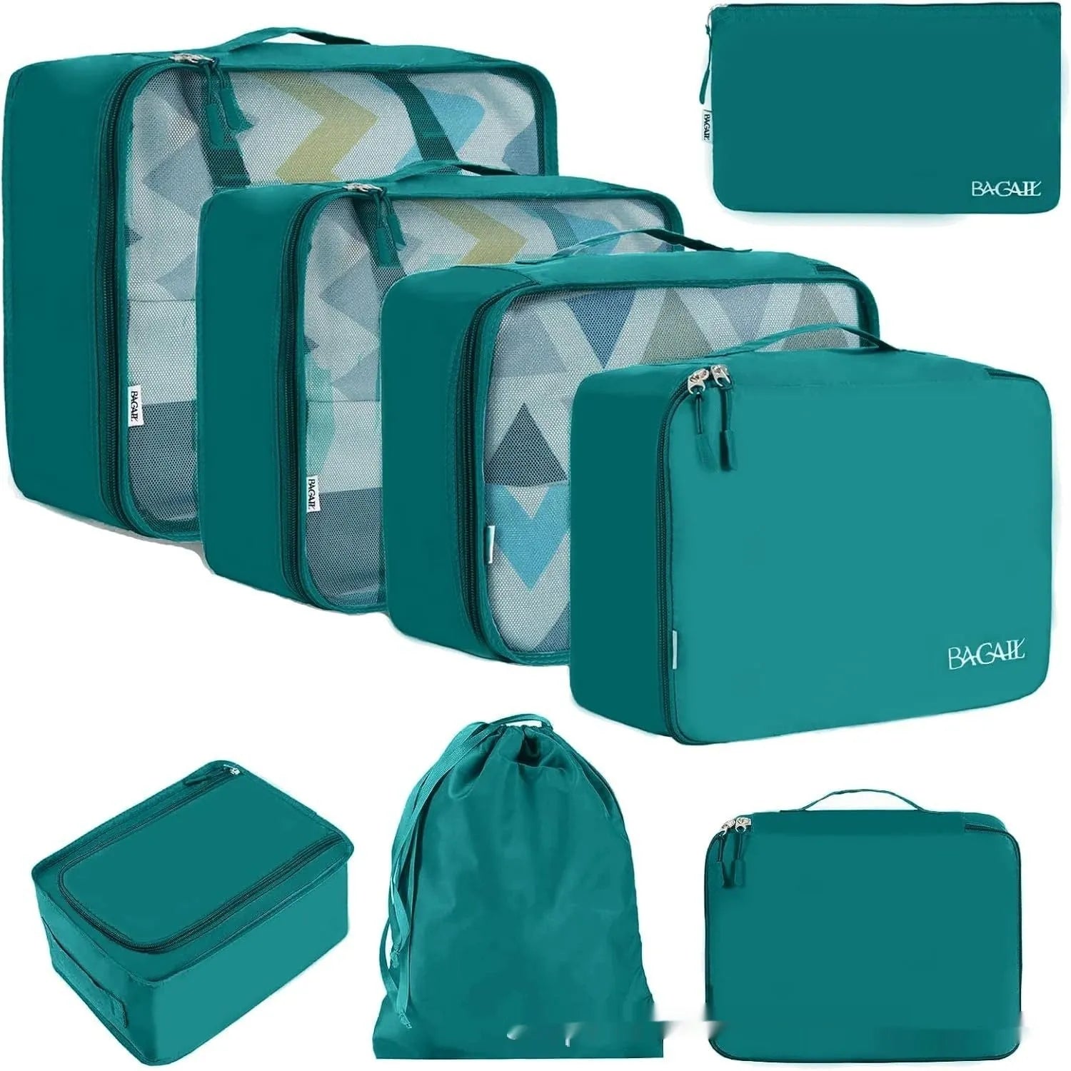 Set of eight cubic packing cubes for travel organisation in various colours including beige, black, and pink leopard print.