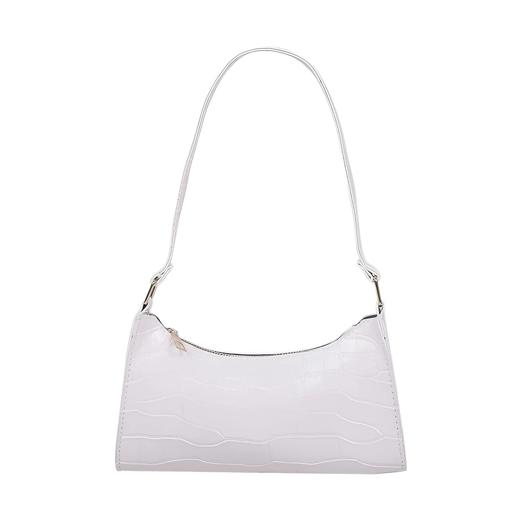 Women's small PU underarm bag with crocodile pattern, belt detail, and zipper closure in beige