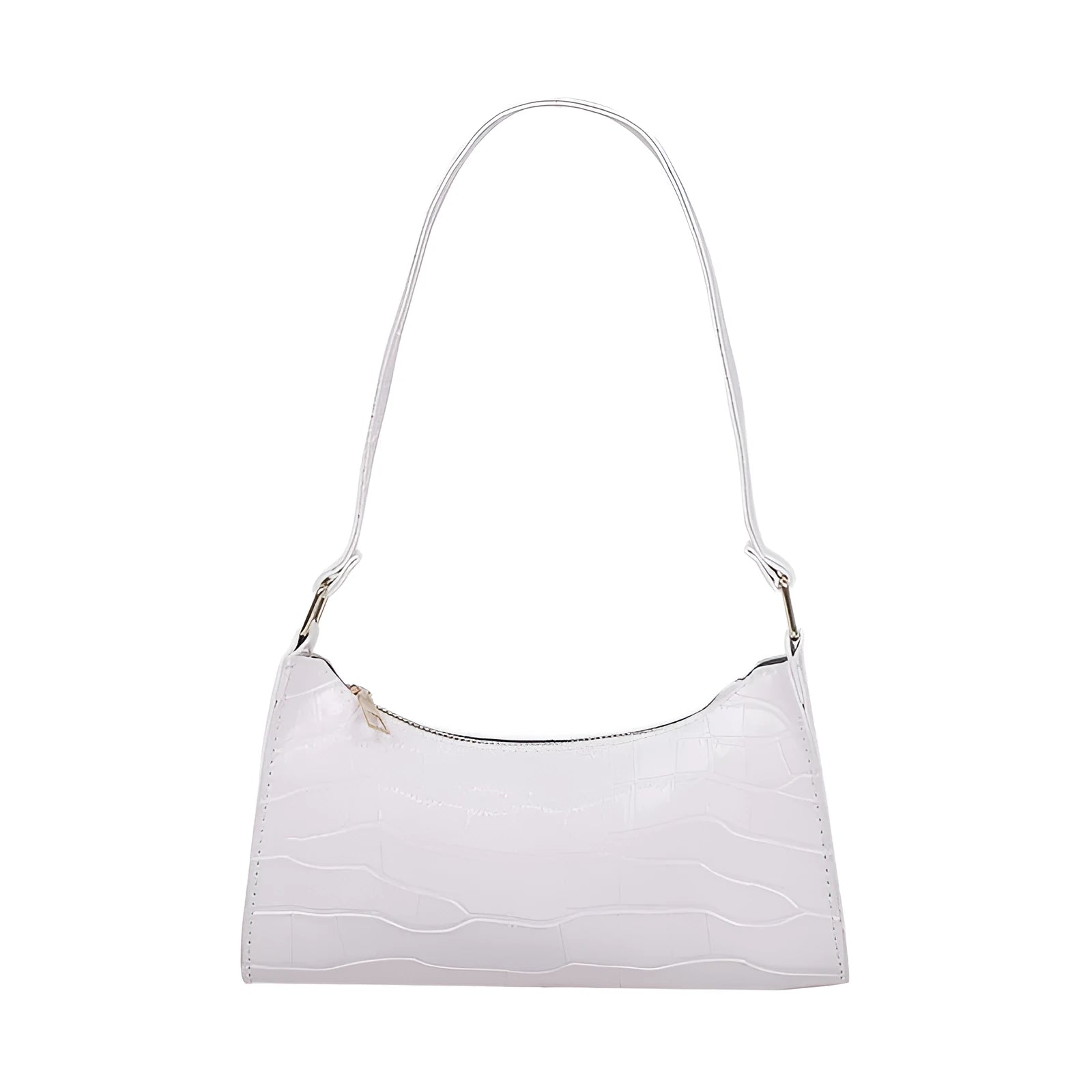 Women's small PU underarm bag with crocodile pattern, belt detail, and zipper closure in beige