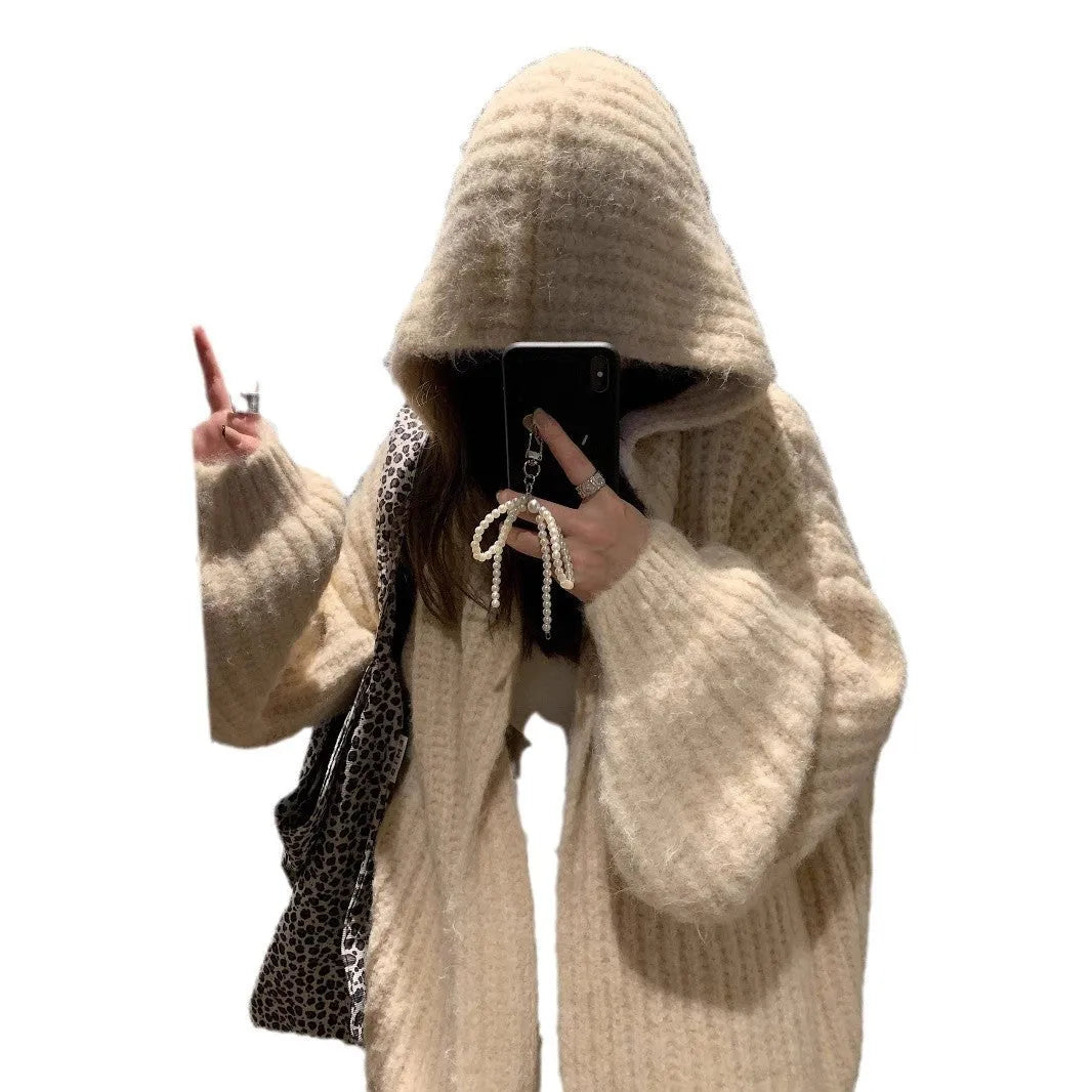 Women's thick hooded cardigan in loose fit, shown in dark grey, brown, and milky white solid colours.