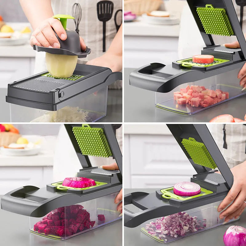 Multifunctional vegetable cutter with 7 stainless steel blades on a kitchen counter, compact 31.8 x 11.5 x 11.5 cm size