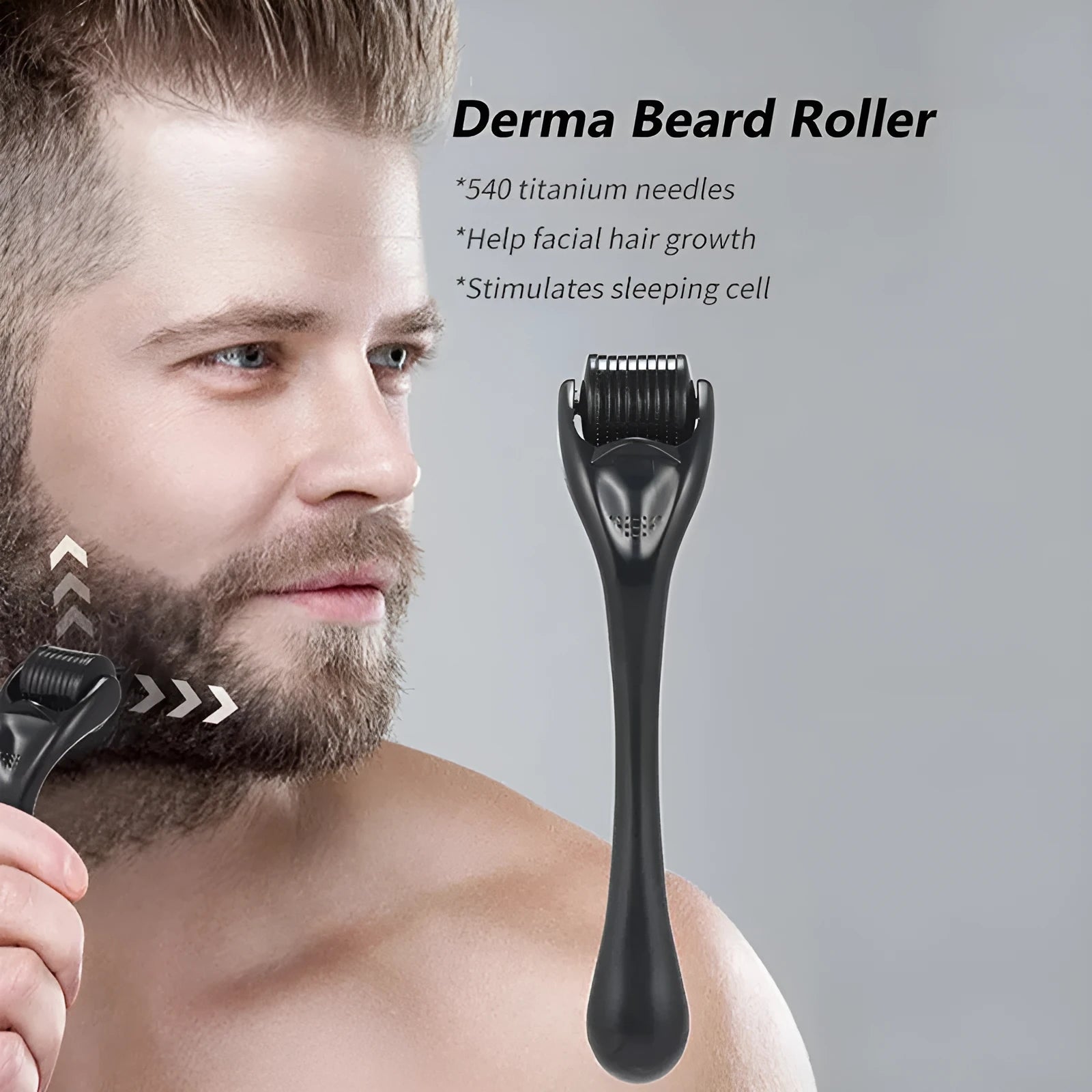 Close-up of a black derma roller with 540 titanium microneedles, shown with size options from 0.2mm to 1.0mm.