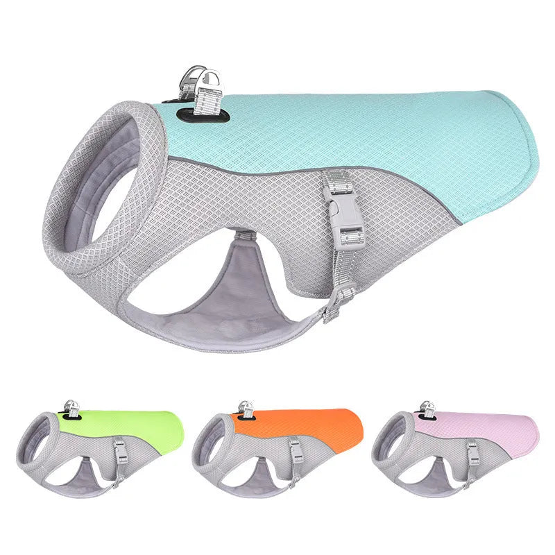 Dog wearing orange cooling vest with heat reflective outer layer and UV protection, designed for outdoor walks in summer