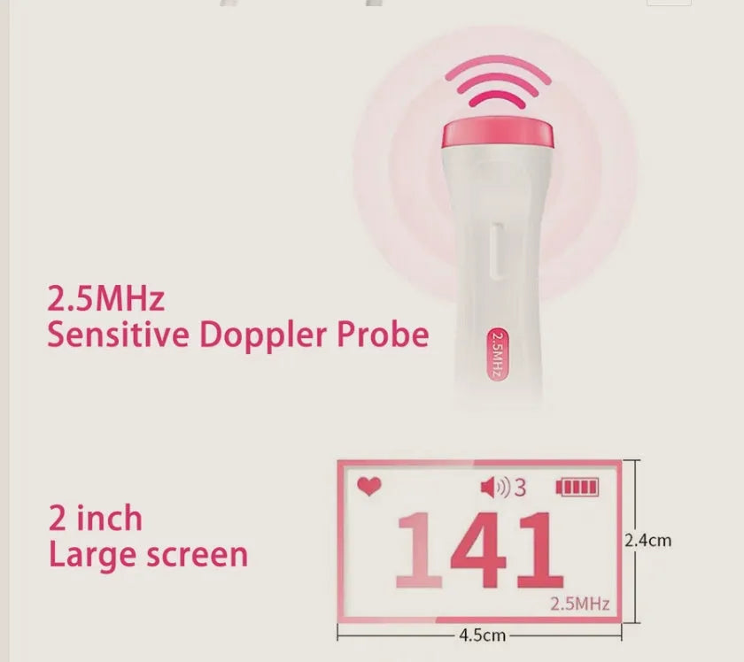 Fetal heart rate monitor with LCD screen and 2.5MHz waterproof probe on a pink background