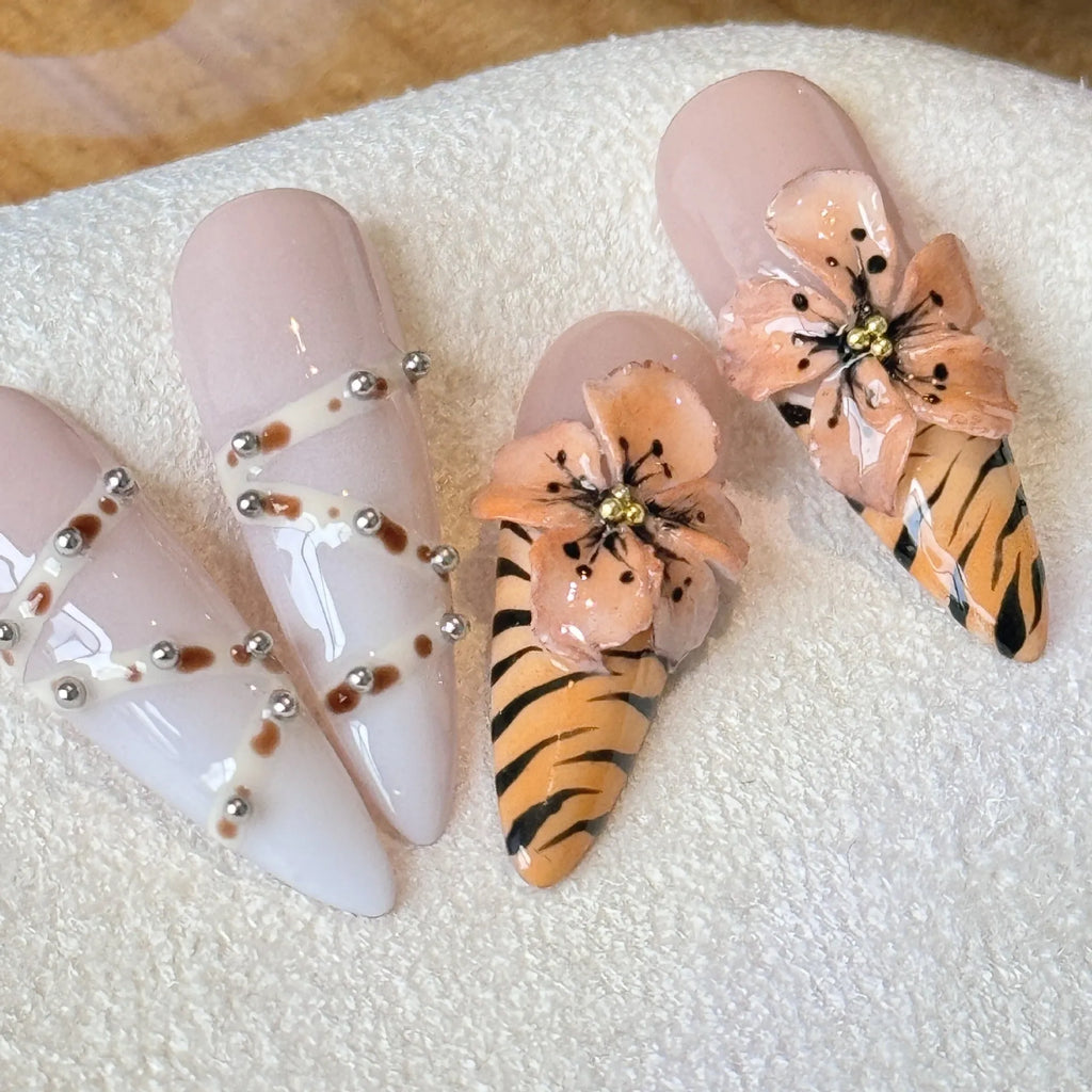 French style leopard print press-on nails with cross and flower patterns in four sizes