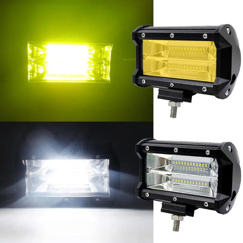 5-inch black die-cast aluminium LED work light with dual-row LEDs and bracket for off-road vehicle mounting.