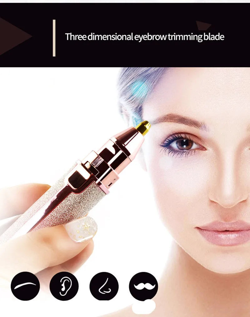 Lipstick shape electric eyebrow trimmer with gold plated head in Rainbow or Starry Sky colour, 2.5 x 2.5 x 12.5 cm.