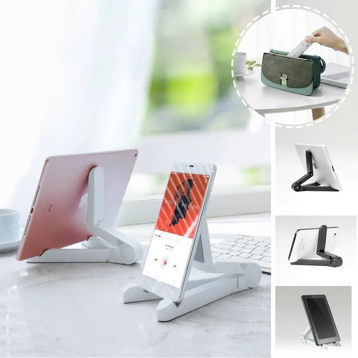 Black foldable tablet stand holding a smartphone in landscape mode on a desk, showing its compact folded size.