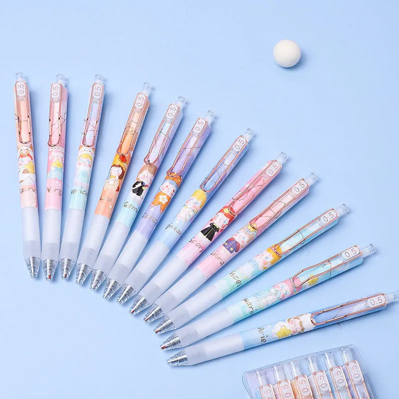 Set of six press gel pens with 0.5mm tips featuring cartoon constellation designs in two style options.