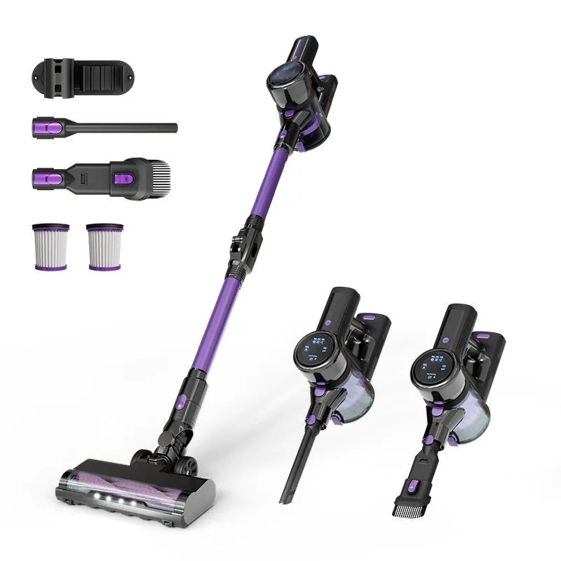 Handheld vacuum cleaner with brushless motor, foldable design, black and purple standard colour