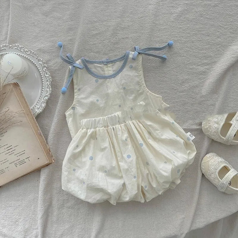 Girls polka dot lyocell vest and shorts two-piece set in blue and green, sizes 80cm to 120cm