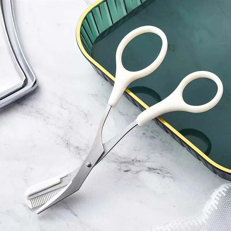 Curved moon shape eyebrow trimming knife with comb in white and pink colours