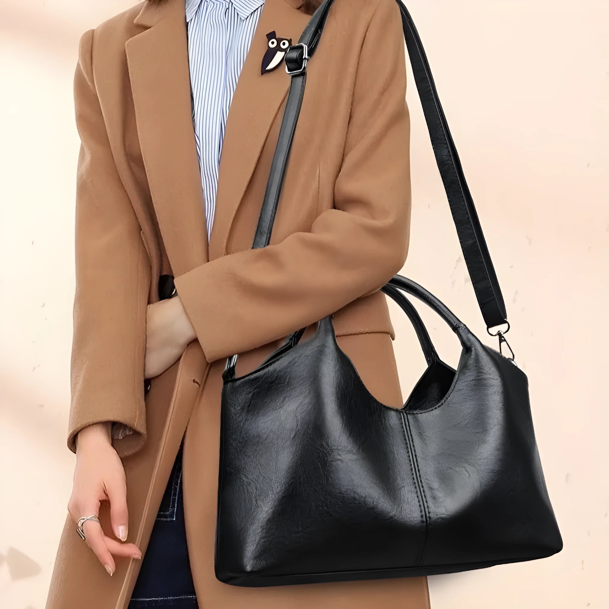 Genuine leather women's cross-body bag in beige colour showing large capacity design