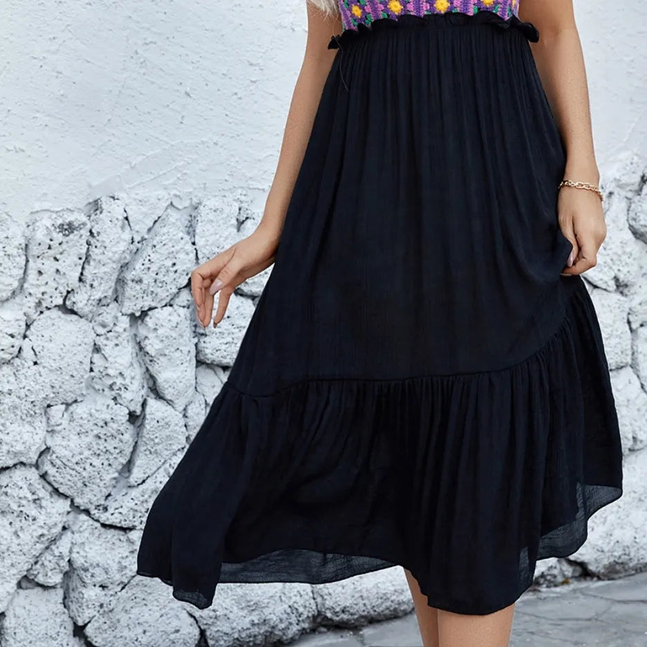 Purple sleeveless dress with hand-hooked flower stitching, floral pattern, and free size fit