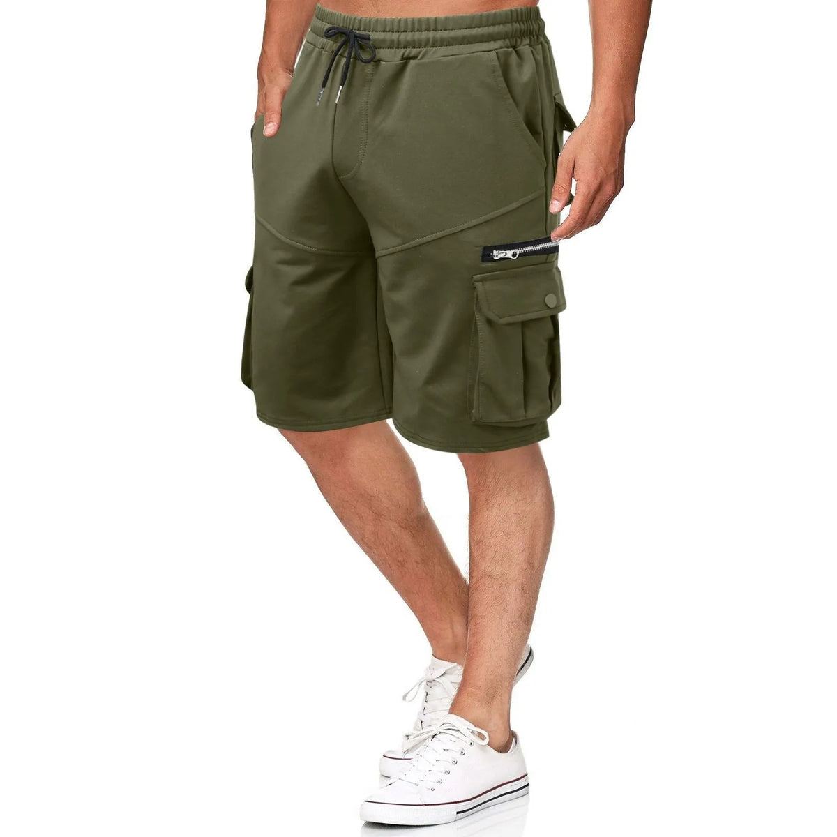 Men's summer double pocket zipper shorts in polyester with cotton lining, mid waist, fifth length, available in eight colours