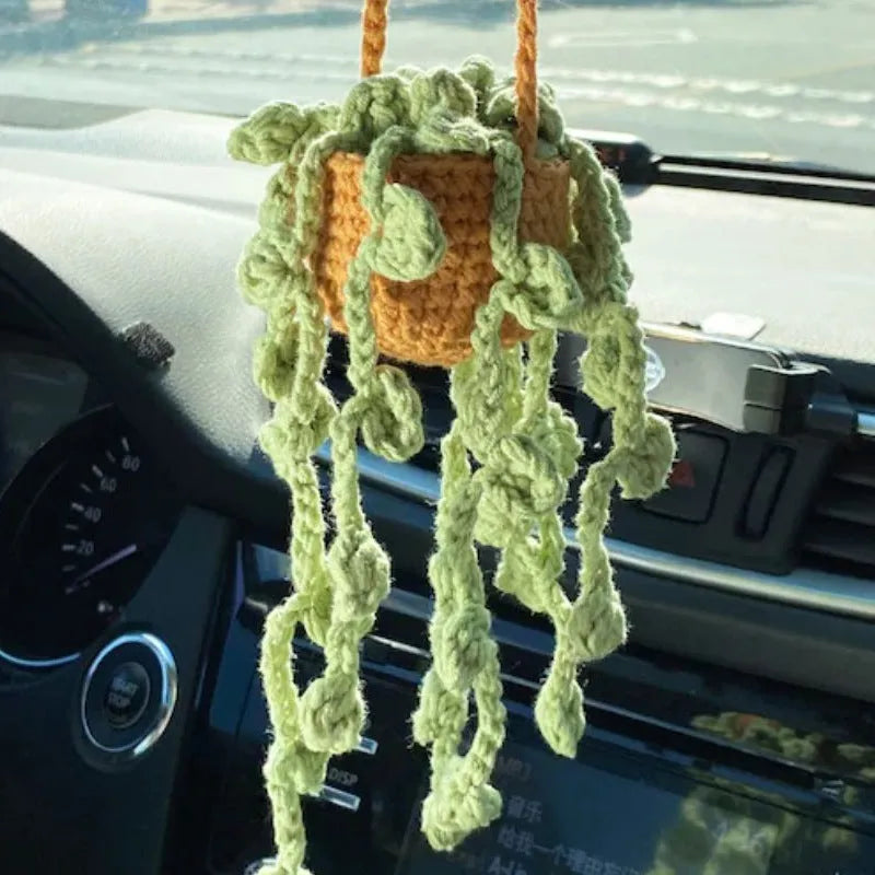Green and white knitted car plant ornament with hanging rope for dashboard or mirror decoration