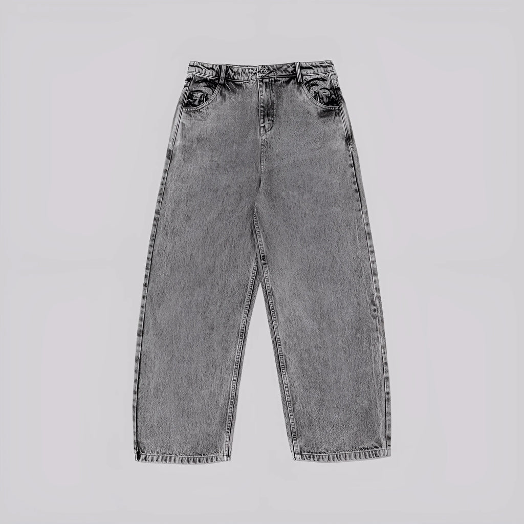 Grey loose straight-leg denim trousers for men and women laid flat, showing mid waist and classic cut.