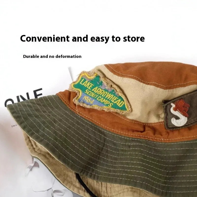 Army green cotton fisherman hat with retro patch design and flat top crown
