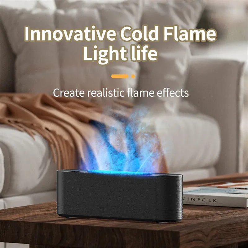 Black Flame Air ultrasonic humidifier diffuser with LED flame lights and mist output on a wooden table.