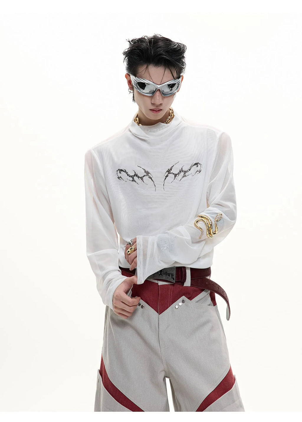 Black and white long sleeve mesh slim fit shirt for layering