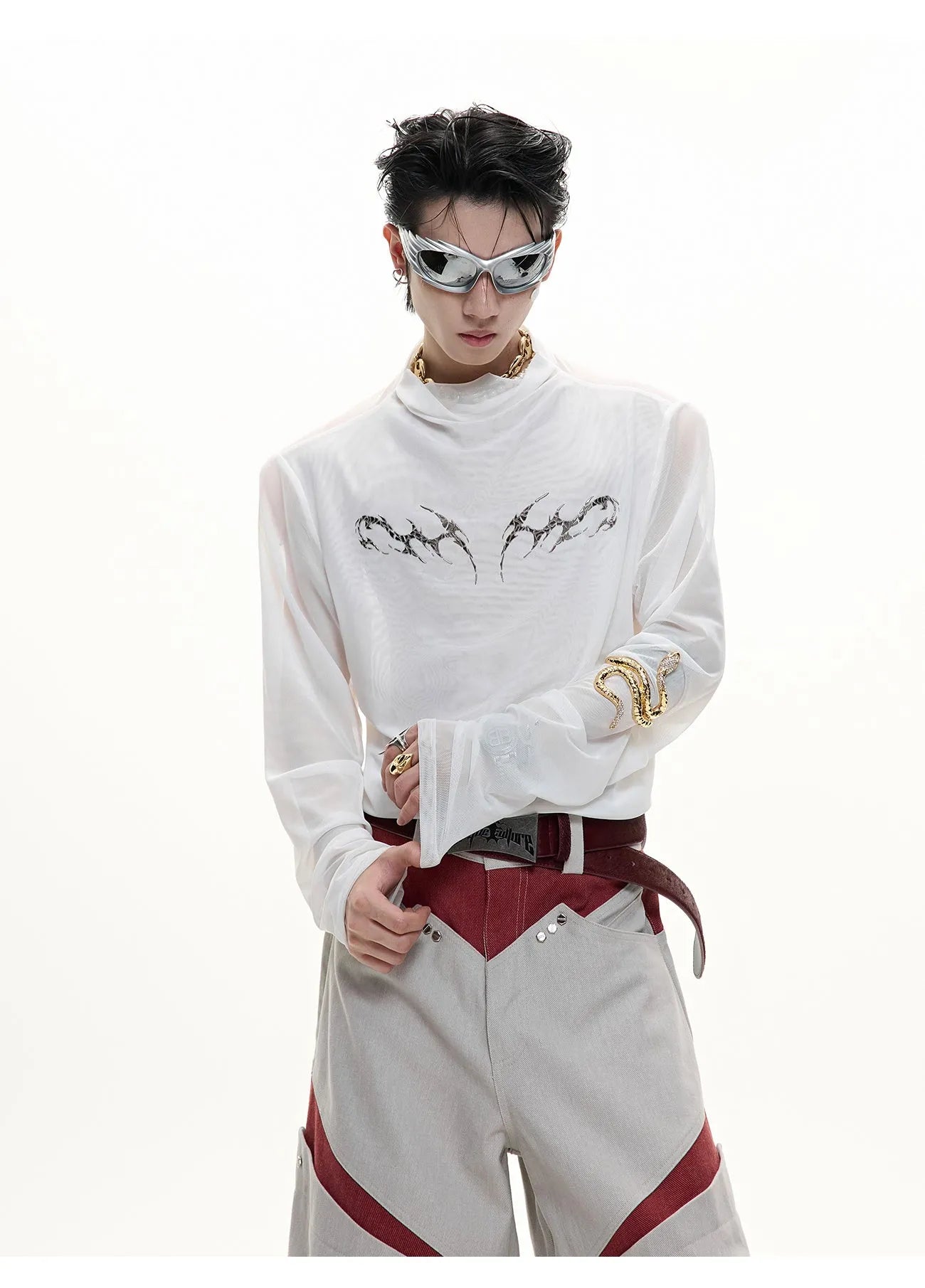 Black and white long sleeve mesh slim fit shirt for layering