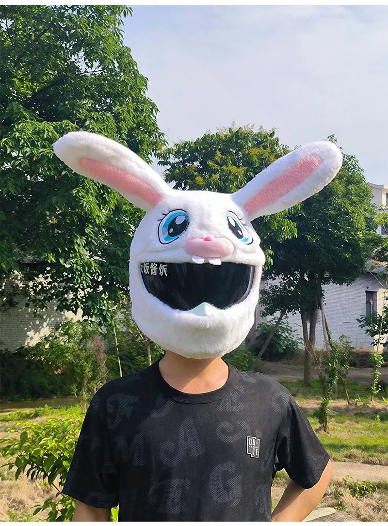 White decorative rabbit head helmet cover for electric motorcycles with warm plush PP cotton construction