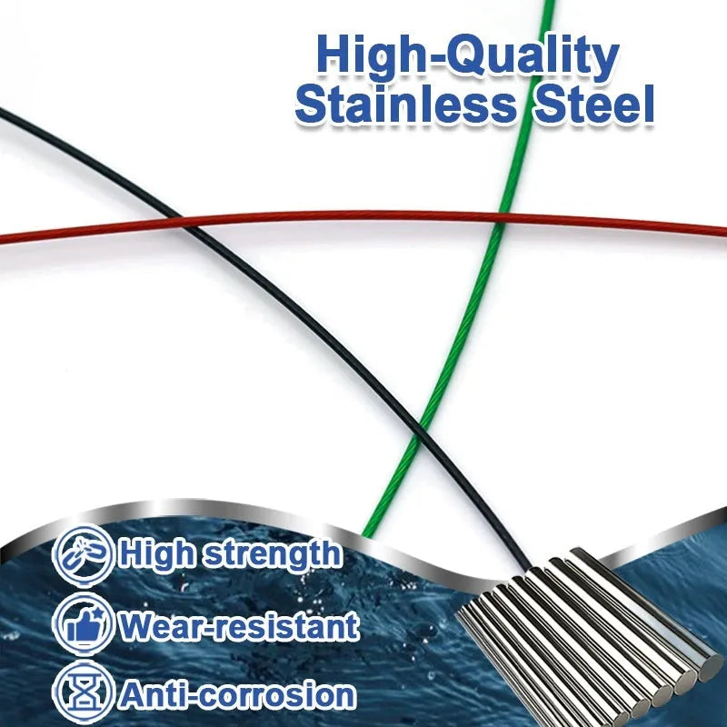 Ten 54cm long steel wire double buckle fishing pins in green, black, and red colours.