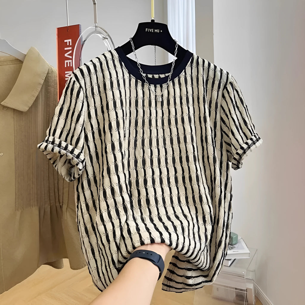 Men's black striped linen shirt with loose fit and short sleeves